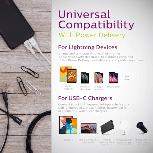 Miniatura 7 de Philips Cable USB C a Lightning, cable de carga de iPhone de 4 pies para las series 14/13/12, cargador de Airpod Pro, cables de carga Lightning