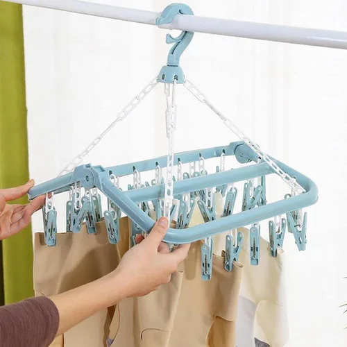 Miniatura 2 de Clip plegable y colgador de goteo, 1/2 piezas de ganchos plegables con 32 clips de secado, estante de secado plegable con 32 clips para secar Azul