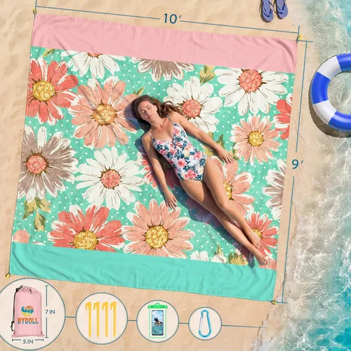 Miniatura 2 de BYDOLL Manta de playa impermeable a prueba de arena, 78 x 81 pulgadas, 78 x 110 pulgadas, grande, libre de arena, ligera, resistente a la arena