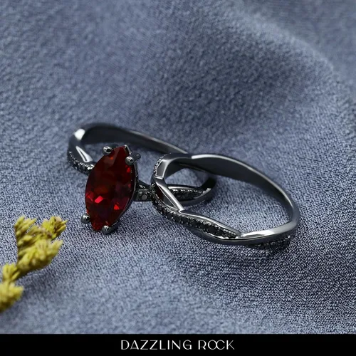 Miniatura 2 de Dazzlingrock Collection Juego de anillos nupciales de diamantes negros redondos y piedras preciosas marquesas creadas en laboratorio de 0.472 x