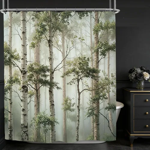 Miniatura 4 de Cortina de ducha de árbol de abedul natural, 60 pulgadas de ancho x 72 pulgadas de largo, bosque brumoso, bosque, plantas, paisaje verde, paisaje