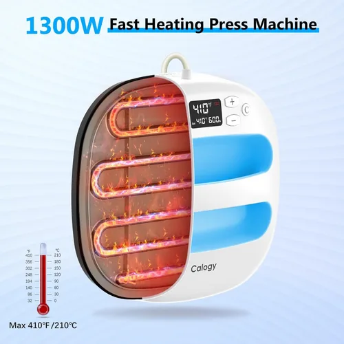 Miniatura 3 de Máquina de Prensa de Calor Calogy para Camisetas 10"X10", Prensa de Calor Portátil Rápida hasta 410℉ (210 ºC), Control Preciso de Temperatura