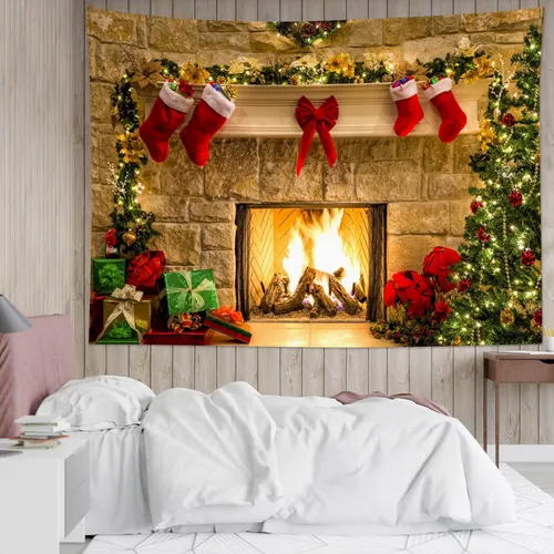 Miniatura 4 de HVEST Tapiz de Navidad para dormitorio, árbol de Navidad y calcetín de Navidad, chimenea, decoración de pared, tapiz grande para colgar en la pared