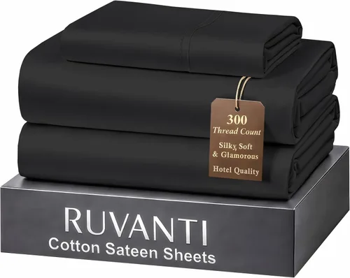 Miniatura 50 de RUVANTI Juego de sábanas de 100 % algodón tamaño matrimonial, tejido de satén suave y sedoso de 300 hilos, refrescante, ligero y transpirable, Beige