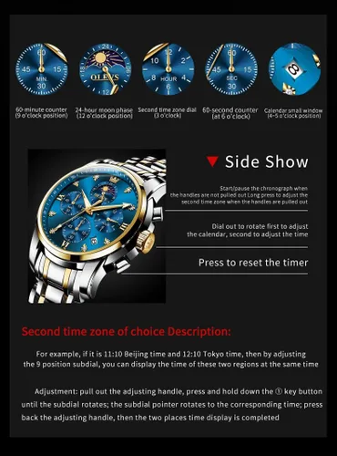 Miniatura 5 de OLEVS Watch for Men Diamond Business Dress Analog Quartz Stainless Steel Waterproof Luminous Date Two Tone Luxury Casual Wrist Watch Blue