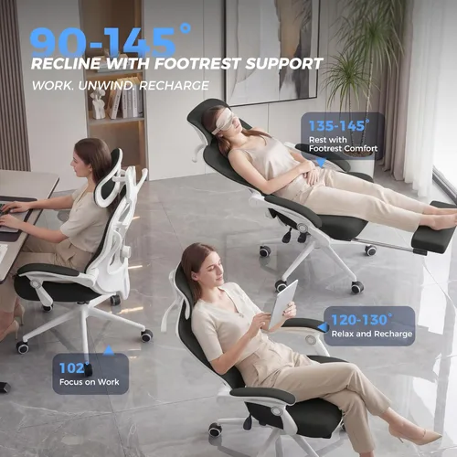 Miniatura 5 de Silla de oficina ergonómica con reposapiés, soporte lumbar ajustable y reposacabezas, silla de computadora reclinable de malla de 90-160°, oficina