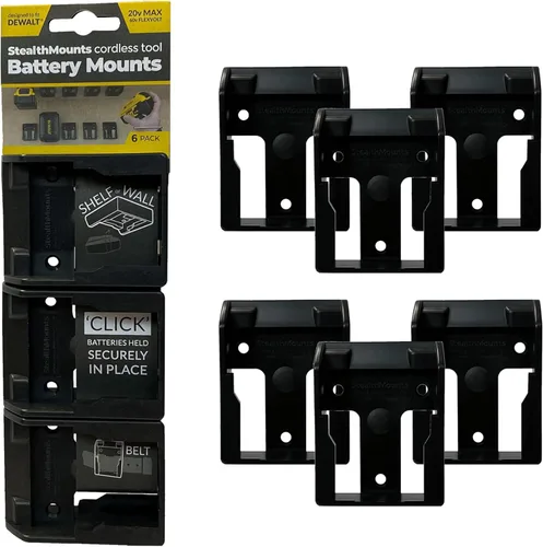 StealthMounts Soporte de batería compatible con baterías DeWalt de 20/60 V (paquete de 6) - Soportes de batería negros | Fabricado en el Reino Unido