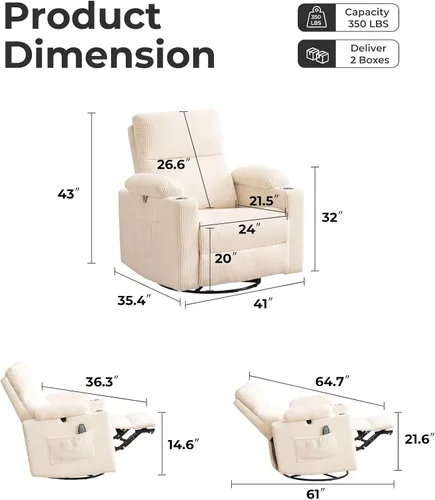 Miniatura 2 de Silla Reclinable Eléctrica de Gran Tamaño Giratoria Deslizante con Masaje y Calor, Sillón Reclinable Giratorio Mecedor con Reposabrazos Ajustables