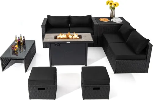Tangkula Sofá modular de mimbre para exteriores de 9 piezas con mesa de fogata de gas de 42 pulgadas y 60,000 BTU, juego de conversación de patio