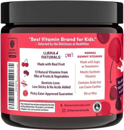 Miniatura 2 de Llama Naturals - Vitaminas en gomitas de fruta real para niños, sin caña de azúcar añadida, betacarotenos, multivitamínico de alimentos integrales