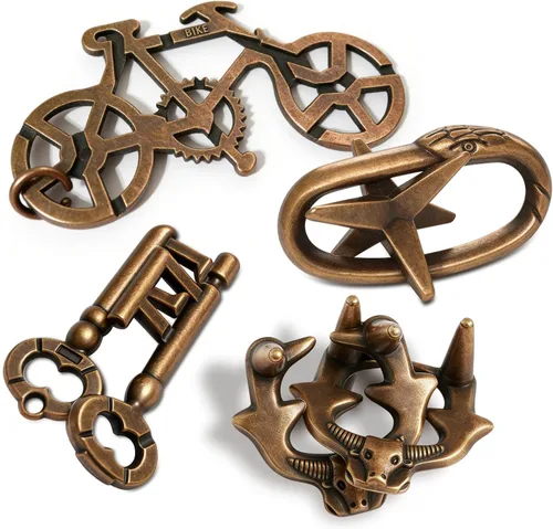 MHY Rompecabezas Mentales de Metal Jumbo para Adultos - Paquete de 4 Juegos Mentales 3D Desafiantes | con Estuche Portátil | Juguetes de Lógica de
