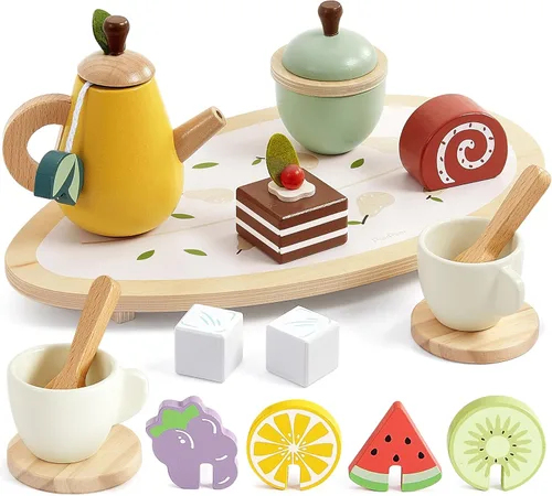 Miniatura 7 de PairPear Juego de fiesta de té de madera para niñas pequeñas, juegos de té para niños pequeños de 3 a 5 años, 20 piezas, juego de té de frutas