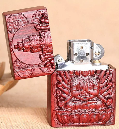 Miniatura 3 de Carcasa exterior de palisandro Huanghuali natural tallado para módulo Zippo (1000 brazos Avalokiteshvara de la diosa 3#)