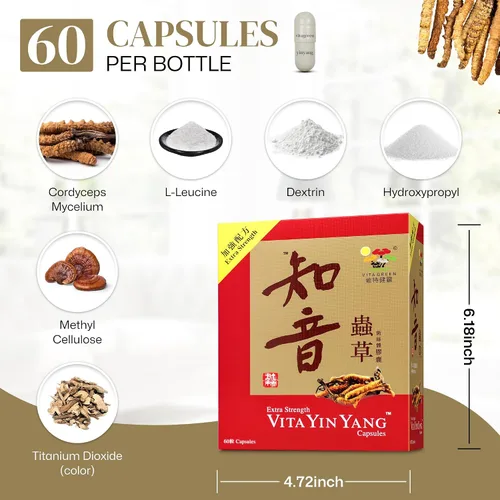Miniatura 6 de Vita Green Yin Yang Cordyceps Suplemento herbario de micelio () - Apoya el bienestar respiratorio, la energía y la salud del hígado y los riñones