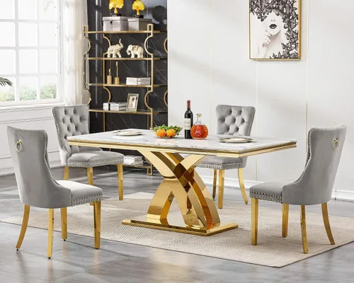 Miniatura 88 de Juego de mesa de comedor de mármol sintético, 7 piezas, juego de mesa de cocina y comedor para 6, mesa de comedor rectangular blanca de 70 pulgadas