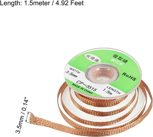 Miniatura 2 de MECCANIXITY Trenza de mecha de soldadura, trenza de mecha desoldadora sin limpieza, 0.14 pulgadas de ancho y 4.92 pies de longitud para quitar