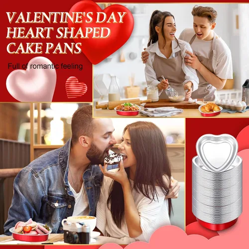 Miniatura 5 de Yinkin Juego de 50 moldes de aluminio con forma de corazón de 9 onzas con tapa, moldes desechables de papel de aluminio para cupcakes, moldes