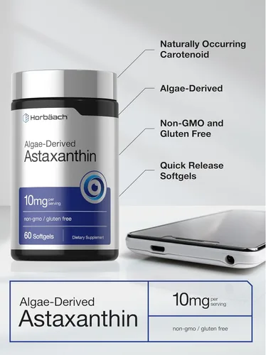 Miniatura 4 de Horbäach Suplementos de astaxantina 10 mg 60 cápsulas blandas Fórmula derivada de algas Sin OMG, sin gluten