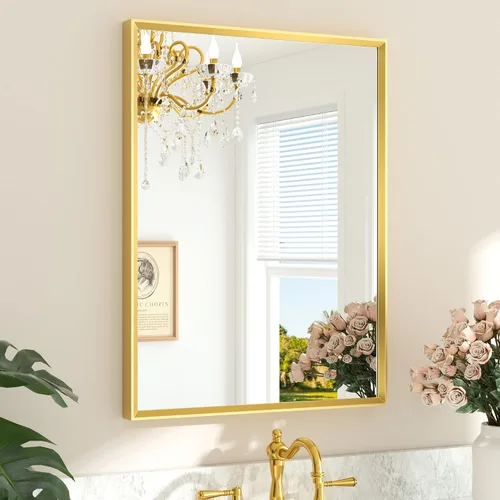 Miniatura 33 de TETOTE Espejo de Baño Dorado de 16" x 20" Latón Dorado Cepillado Rectangular con Marco Biselado Espejo de Tocador de Baño para Sobre el Lavabo