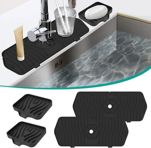 Protector contra salpicaduras para fregadero de cocina y bandeja de jabón, tapete protector de silicona para grifo, soporte de esponja con boquilla