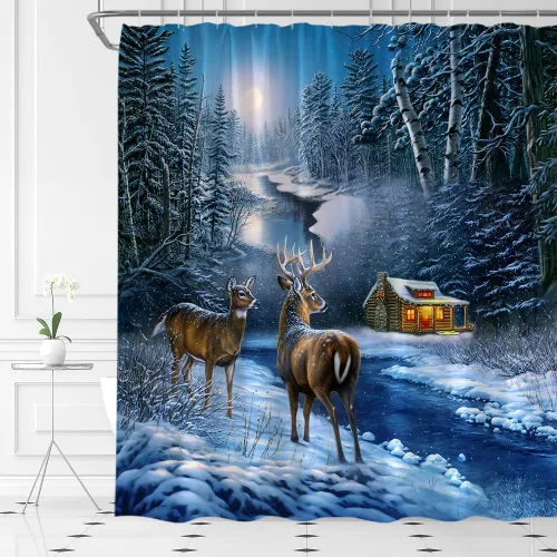 Cortina de ducha de ciervos de Navidad, bosque nevado, ciervos, granja, renos, naturaleza, nevado, paisaje, tela, juego de cortinas de baño con