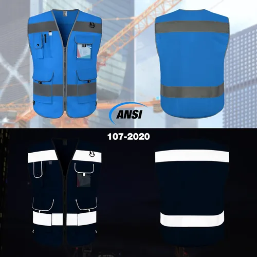 Miniatura 2 de TCCFCCT Chaleco de seguridad azul para hombres y mujeres, chaleco reflectante de alta visibilidad con 9 bolsillos para seguridad, chaleco de trabajo