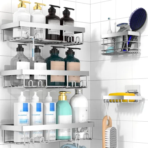 Miniatura 8 de Moforoco - Estantes organizadores de ducha adhesivos - Paquete de 5, Organización de almacenamiento de esquina para baño, decoración para hogar