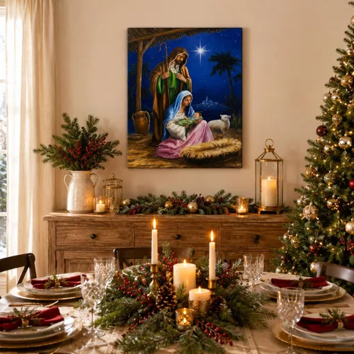 Miniatura 7 de BANBERRY DESIGNS Nativity - Lienzo decorativo para pared, cuadro LED de la Sagrada Familia con María José y el Niño Jesús, escena de establo