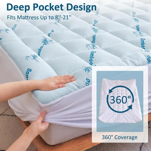 Miniatura 4 de Cubrecolchón refrescante King – Protector de colchón extra suave, viscosa transpirable hecha de bambú para aliviar el dolor de espalda, funda