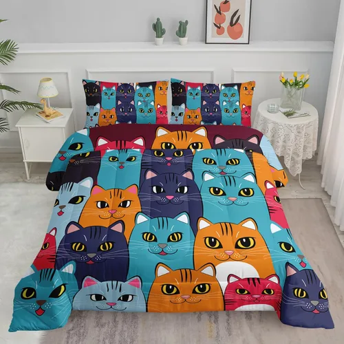 Miniatura 13 de Axolotl - Juego de ropa de cama para niños con diseño de gatos de dibujos animados tamaño individual, juego de edredón con líneas degradadas y lindo