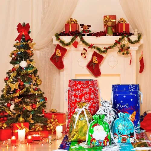 Miniatura 7 de YQL 30 PCS Bolsas de Regalo de Navidad con Cordón de Tamaños Variados, Bolsas de Envolver Navideñas Sacos de Regalo Regalos de Navidad Envoltura