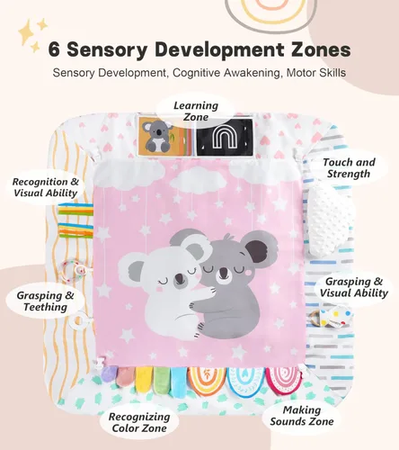 Miniatura 3 de Alfombrilla de juego para bebé, gimnasio de actividades, 6 zonas de desarrollo, 6 juguetes sensoriales desmontables y tarjetas educativas, juego