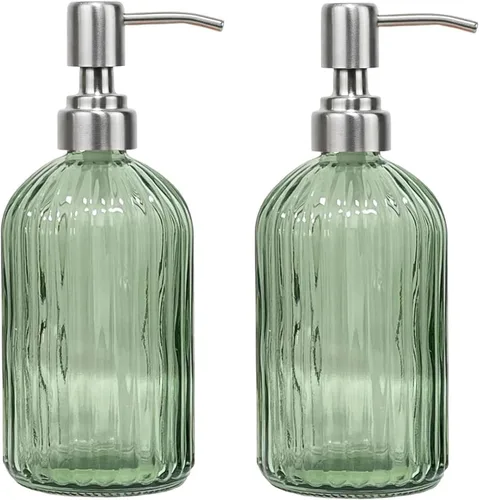 Dispensador de jabón verde de 14 onzas para baño, paquete de 2, dispensadores de jabón de manos de vidrio transparente con bomba de acero
