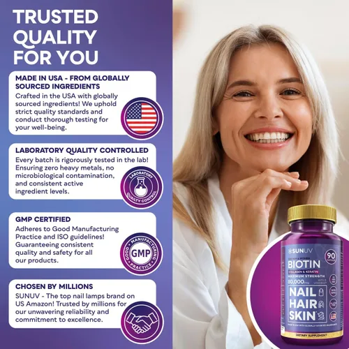 Miniatura 6 de SUNUV Biotina 10,000 mcg Colágeno Queratina - 80,000 mcg Vitaminas para el Crecimiento del Cabello para Mujeres y Hombres, Apoyo para la Piel