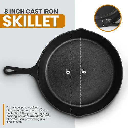 Miniatura 3 de Utopia Kitchen Sartén para saltear de 8 pulgadas, sartén de hierro fundido para chefs, sartén de hierro fundido presazonada con tapa, utensilios