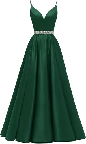 Yexinbridal Vestido de fiesta con tirantes delgados con purpurina y cuentas largas de satén con cuello en V