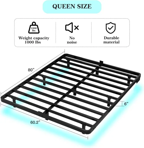 Miniatura 2 de Base de cama flotante con luces LED y estación de carga - Base de cama moderna de plataforma metálica con juntas de colchón - Libre de ruido,