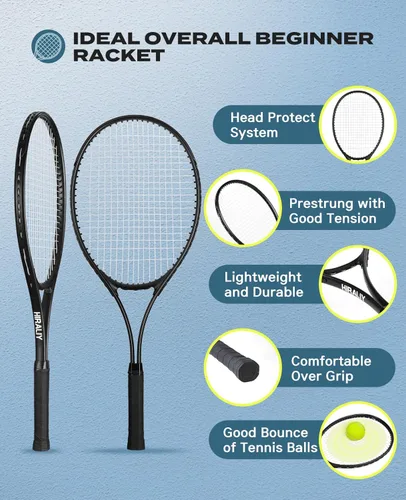 Miniatura 4 de HIRALIY Juego de raquetas de tenis de 27 pulgadas para adultos, raquetas de tenis preencordadas para 2 jugadores, 2 cintas de sobreagarre, 3 pelotas