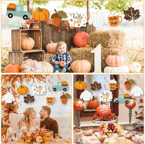 Miniatura 5 de 20 decoraciones colgantes de fiesta de otoño, decoraciones de fiesta de otoño de Hello Fall, recortes de camión de hojas de calabaza, adornos