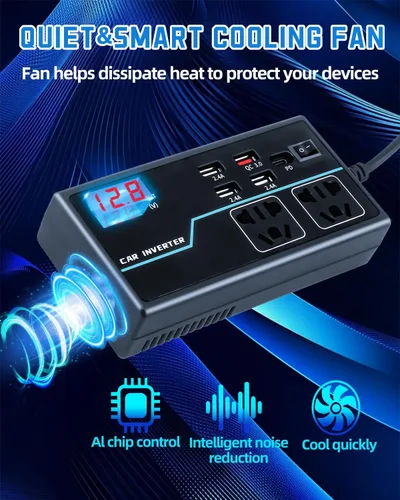 Miniatura 4 de Inversor de corriente de 200 W, 8 en 1 CC 12 V a 110 V CA, adaptador de enchufe de automóvil, convertidor de salidas con PD3.0 de 30 W y 4 puertos