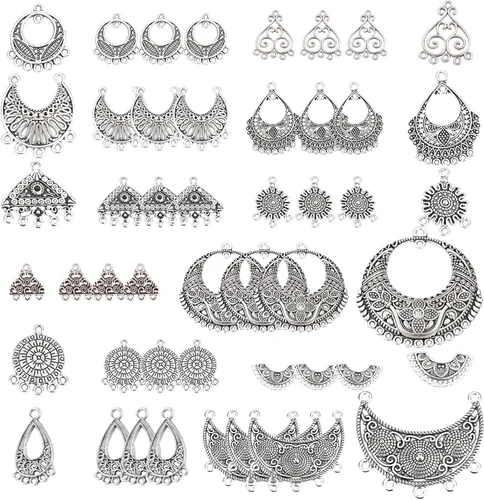 Miniatura 9 de SUNNYCLUE 1 caja de 64 piezas surtidas de lámparas de araña, estilo tibetano, bronce antiguo, atrapasueños, aretes, hallazgos, bucles, conectores