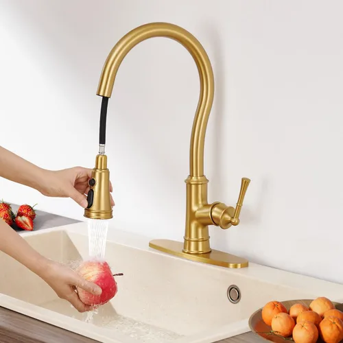 Miniatura 2 de Grifo de cocina con rociador extraíble, grifo de fregadero de cocina de latón vintage dorado de arco alto con placa de cubierta de 1 o 3 agujeros