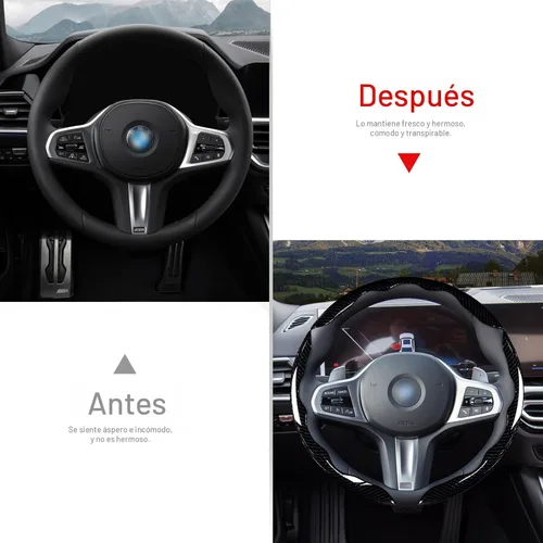 Miniatura 6 de Juego de fundas para volante de automóvil, funda de fibra de carbono brillante, antideslizante, 3 piezas, accesorios para volante de 14.5-15 negro