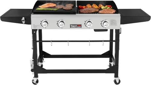 Royal Gourmet GD401 - Parrilla y plancha de gas propano portátil con mesa auxiliar, 4 quemadores, patas plegables, versátil, uso exterior, negro 168