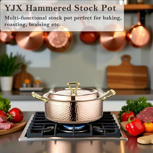 Miniatura 3 de YJX olla de 4.2QT con tapa martilleada, oro rosa de cobre, acero inoxidable tricapa, utensilio de cocina multifuncional para hornear, asar, guisar