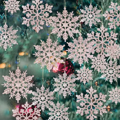 Miniatura 9 de Paquete de 36 adornos de plástico en champán dorado de copos de nieve, decoraciones colgantes de copo de nieve para el árbol de Navidad de invierno