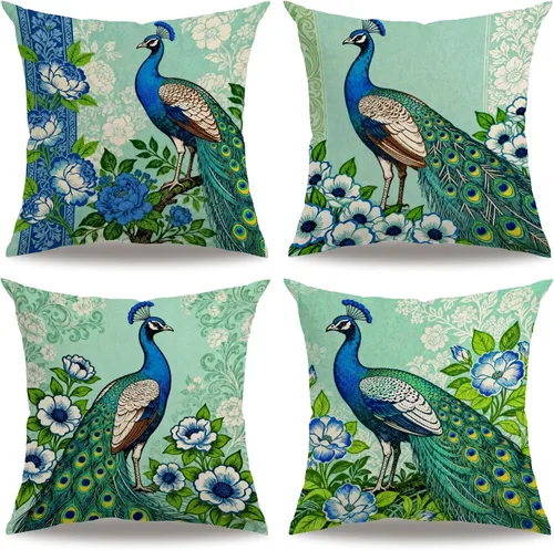 7COLORROOM Juego de 4 fundas de almohada de estilo vintage de pavo real con flores y hojas verdes, funda de cojín de lino y algodón para decoración