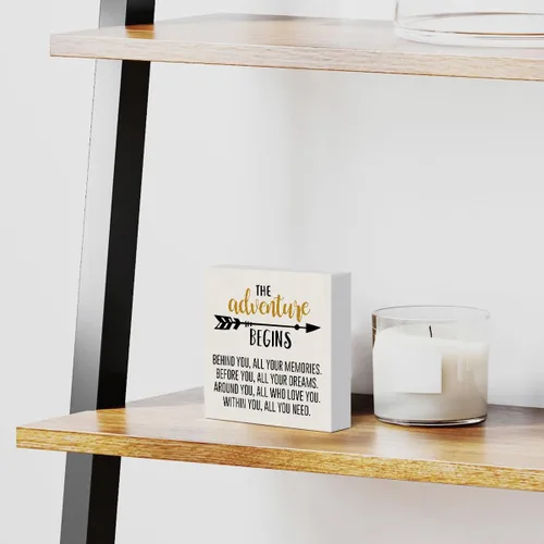 Miniatura 5 de mmiishe Letrero de madera con texto en inglés «The Adventure Begins», decoración de pared para acampar en el hogar, 5 x 5 pulgadas, diseño rústico