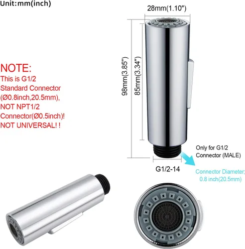 Miniatura 2 de Cabezal rociador desplegable para grifo de cocina, cabezal de repuesto de grifo de cocina de 2 funciones en forma de columna, 1.8 GPM G1/2