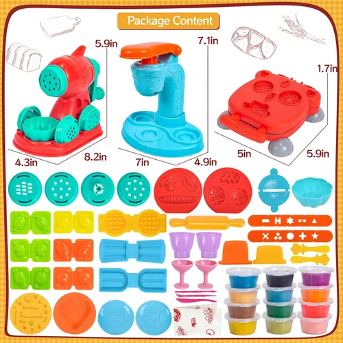 Miniatura 6 de Juego de Masa Colorida 3 en 1 para Niños de 3 a 8 años, Kit de Accesorios para Masa, Set de Helado, Fideos, Hamburguesa, Creaciones de Cocina
